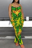 Blue Casual Print Backless Spaghetti Strap Fitted Jumpsuits