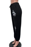 Black Casual Print Basic Regular High Waist Conventional Positioning Print Trousers