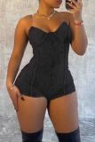 Dark Gray Sexy Solid Color Patchwork Backless Zipper Spaghetti Strap Skinny Rompers