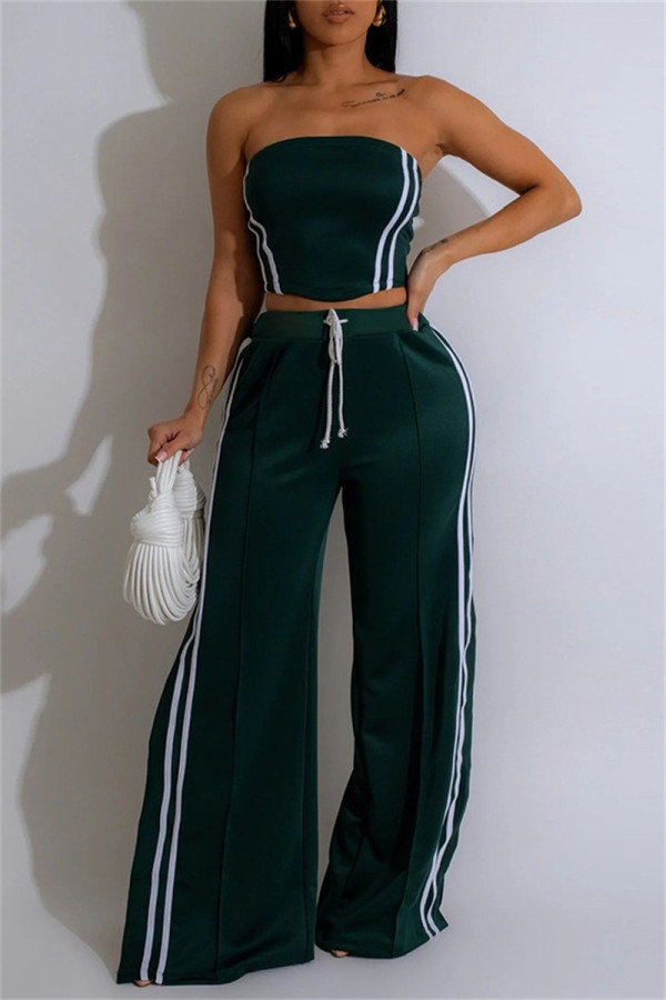 Ink Green Casual Stripe Patchwork Backless Strapless Sleeveless Two Pieces