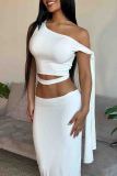White Elegant Solid Color Hollow Out Patchwork Strap Design Oblique Collar Sleeveless Two Pieces