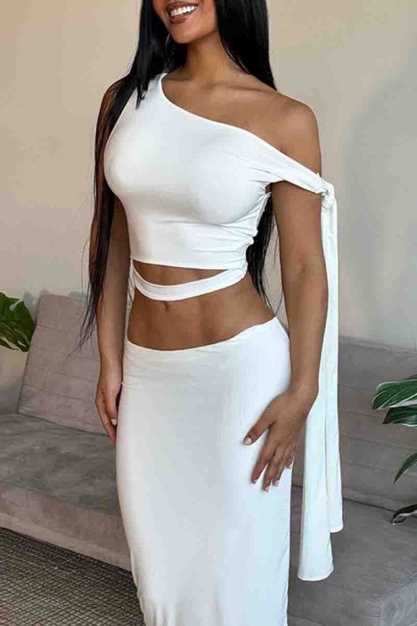 White Elegant Solid Color Hollow Out Patchwork Strap Design Oblique Collar Sleeveless Two Pieces