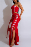 Red Casual Stripe Patchwork Backless Strapless Sleeveless Two Pieces