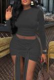 White Sexy Solid Color Patchwork Ruched Strap Design O Neck Long Sleeve Two Pieces