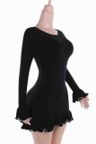 Black Sexy Solid Color Patchwork Contrast O Neck Wrapped Skirt Dresses