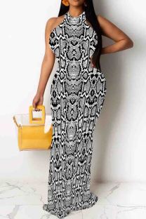 Black Gray Casual Snakeskin Print Patchwork O Neck Long Dresses