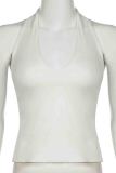 White Sexy Solid Color Patchwork Slit Halter Tops