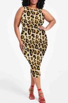 Gold Sexy Print Patchwork O Neck Wrapped Skirt Plus Size Dresses