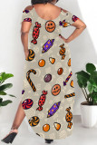 Apricot Sexy Graffiti Print Pocket U Neck Printed Plus Size Dresses