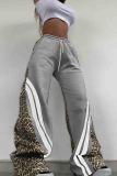 Grey Casual Leopard Print Draw String Pocket Patchwork Contrast Loose Mid Waist Wide Leg Patchwork Bottoms