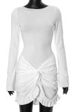 White Sexy Solid Color Patchwork Ruched O Neck Wrapped Skirt Dresses