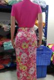 Pink Sexy Print Patchwork Strap Design V Neck Short Sleeve Two Pieces