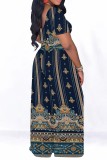 Blue Casual Print Basic O Neck Short Sleeve Two Pieces