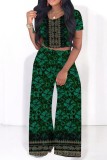 Blue Casual Print Basic O Neck Short Sleeve Two Pieces