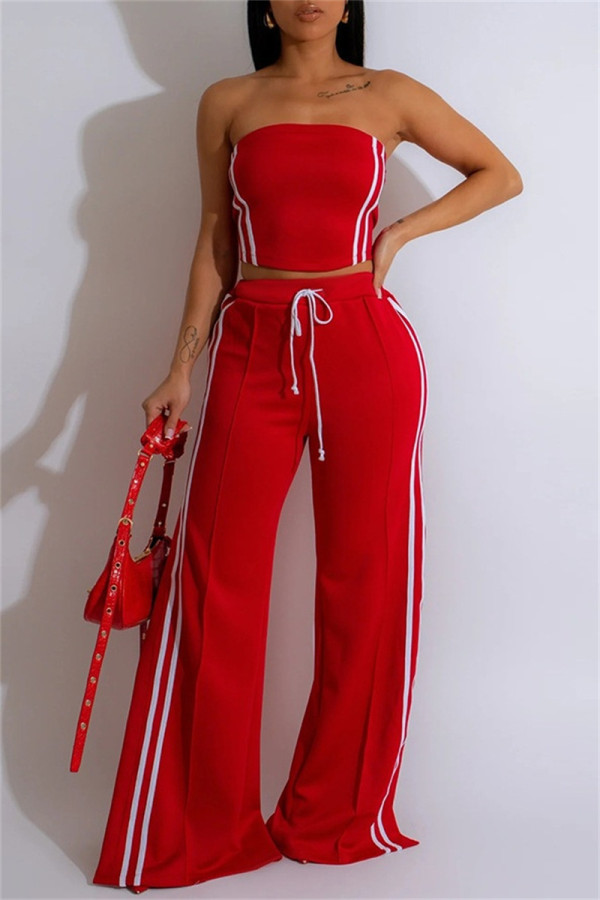 Red Casual Stripe Patchwork Backless Strapless Sleeveless Two Pieces