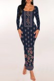 Multicolor Casual Print Basic U Neck Long Dresses