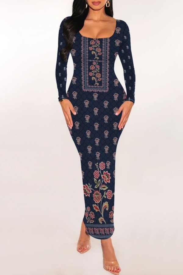 Tibetan Blue Casual Print Basic U Neck Long Dresses