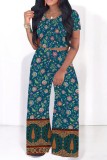 Blue Casual Print Basic O Neck Short Sleeve Two Pieces