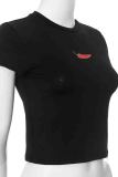 Black Casual Print Patchwork O Neck T-Shirts