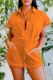 Tangerine Red Casual Solid Color Draw String Pocket Buckle Patchwork Turndown Collar Short Sleeve Two Pieces