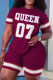 Burgundy Casual Digital Letter Print Basic O Neck Short Sleeve Two Pieces