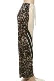 Grey Casual Leopard Print Draw String Pocket Patchwork Contrast Loose Mid Waist Wide Leg Patchwork Bottoms