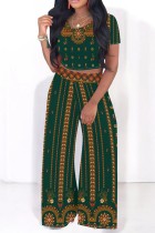 Dark Green Casual Print Basic O Neck Short Sleeve Two Pieces