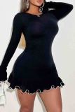 Black Sexy Solid Color Patchwork Contrast O Neck Wrapped Skirt Dresses