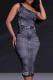 Black Gray Elegant Print Patchwork Backless Oblique Collar Printed Dresses