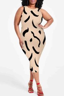 Khaki Sexy Print Patchwork O Neck Wrapped Skirt Plus Size Dresses