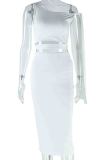 White Elegant Solid Color Hollow Out Patchwork Strap Design Oblique Collar Sleeveless Two Pieces