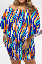 Dark Blue Casual Striped Print Irregular Contrast Off Shoulder Printed Plus Size Dresses