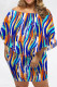Dark Blue Casual Striped Print Irregular Contrast Off Shoulder Printed Plus Size Dresses