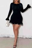 Black Sexy Solid Color Patchwork Contrast O Neck Wrapped Skirt Dresses