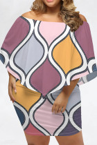 Multi-color Sexy Geometric Print Irregular Contrast Off Shoulder Printed Plus Size Dresses