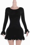 Black Sexy Solid Color Patchwork Contrast O Neck Wrapped Skirt Dresses