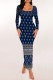 Dark Blue Casual Print Basic U Neck Long Dresses