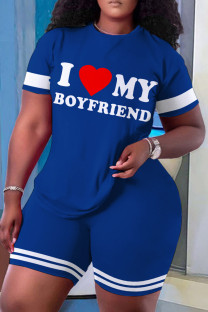 Blue Casual Letter Print Basic O Neck Short Sleeve Two Pieces