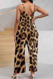 Black And White Casual Print Pocket Patchwork Backless Spaghetti Strap Loose Jumpsuits