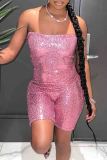 Pink Sexy Solid Color Sequins Patchwork Backless Strapless Skinny Rompers