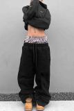 Black Casual Print Draw String Pocket Patchwork Loose Mid Waist Wide Leg Patchwork Bottoms