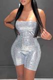 Pink Sexy Solid Color Sequins Patchwork Backless Strapless Skinny Rompers