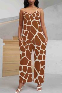 Coffee Casual Print Pocket Patchwork Backless Spaghetti Strap Loose Jumpsuits