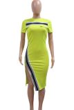Yellow Street Patchwork Slit Contrast O Neck Long Dresses