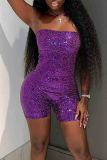 Pink Sexy Solid Color Sequins Patchwork Backless Strapless Skinny Rompers