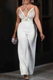White Sexy Solid Color Hollow Out Patchwork Backless Hot Drill Halter Loose Jumpsuits