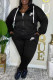 Black Casual Daily Letters Pocket Zipper Embroidery Hooded Long Sleeve Two Pieces