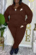 Dark Brown Casual Daily Letters Pocket Zipper Embroidery Hooded Long Sleeve Two Pieces
