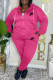 Rose Red Casual Daily Letters Pocket Zipper Embroidery Hooded Long Sleeve Two Pieces