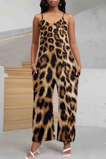 Black Brown Casual Print Pocket Patchwork Backless Spaghetti Strap Loose Jumpsuits